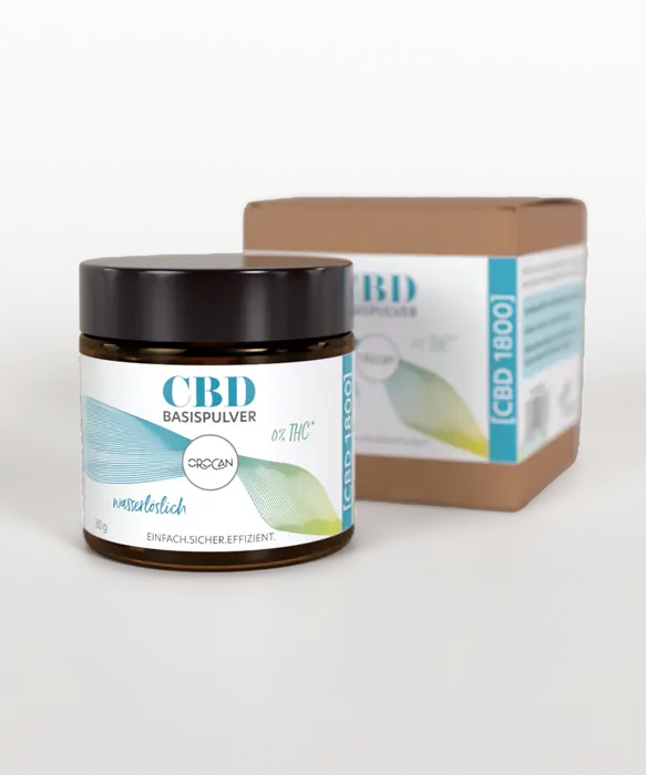 Orocan CBD Tiegel mit Etikett vor Schachtel mit Etikett